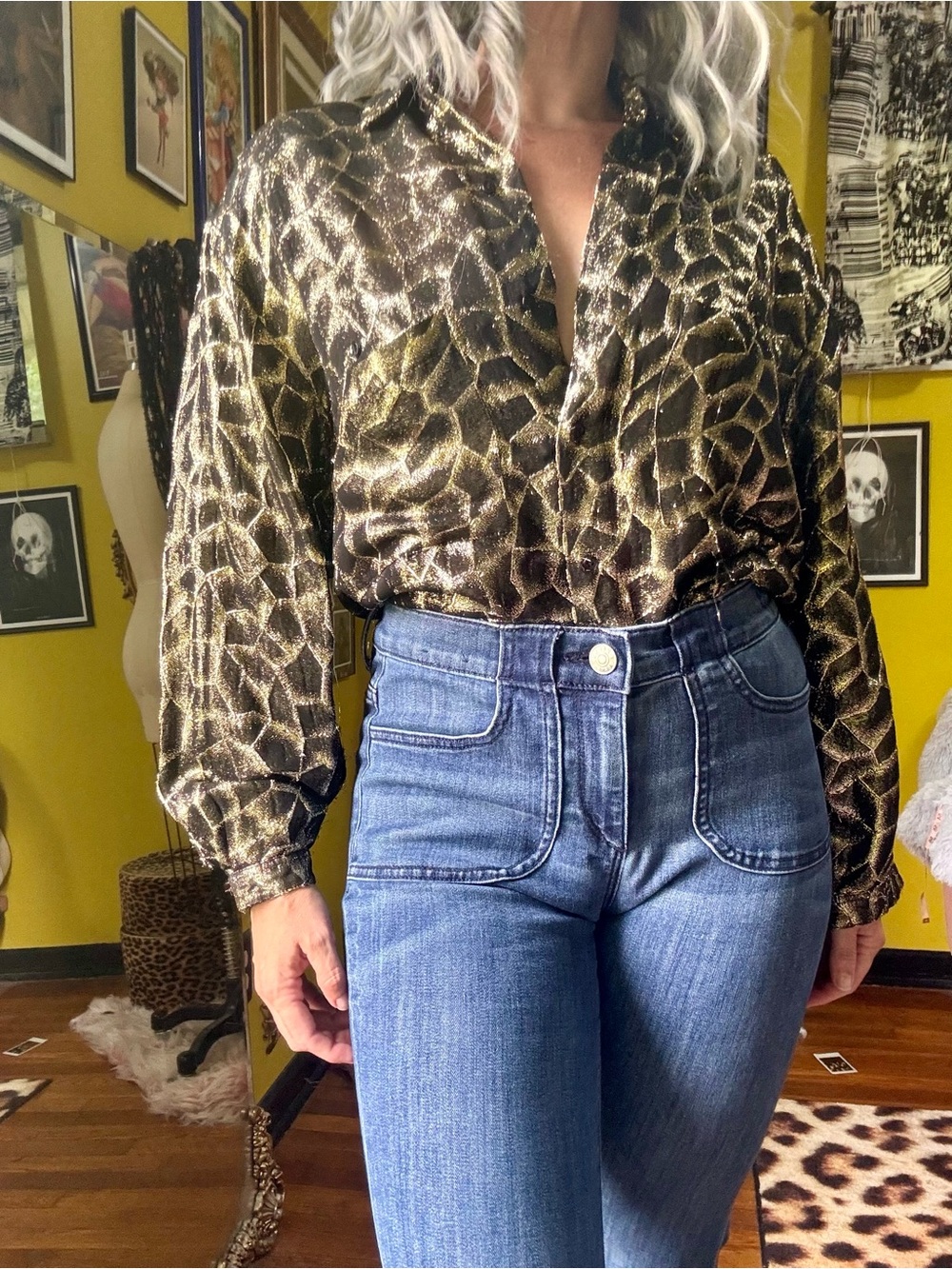 Vintage Lurex Gold Metallic Button Up Blouse